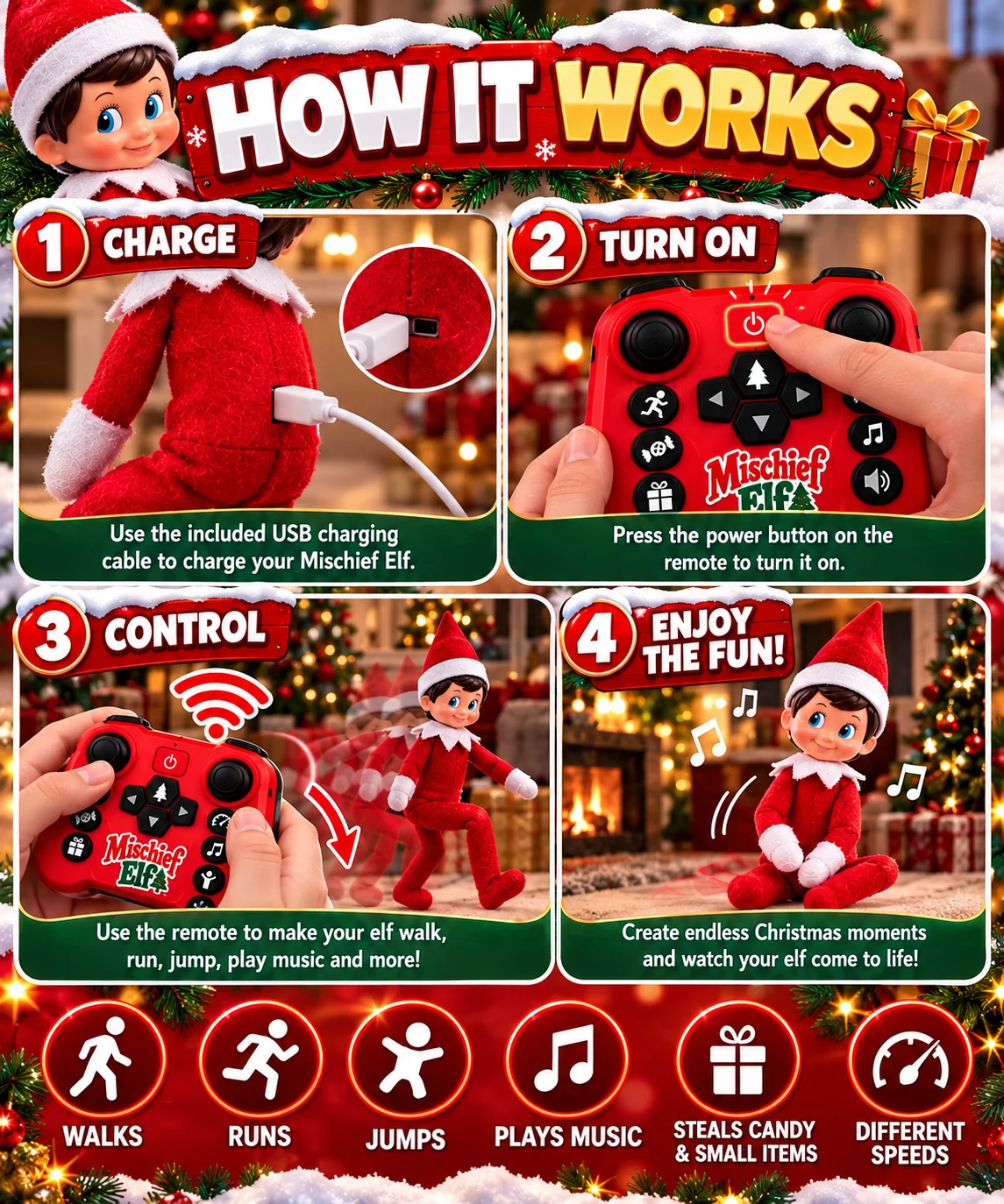 How it works: charge, turn on, control and enjoy the fun